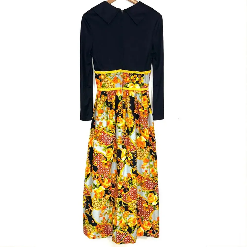 Vintage Julie Miller California 70s Long Sleeve Floral Black Orange Maxi Dress
